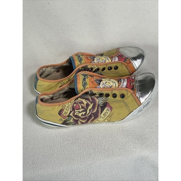 Y2K Ed Hardy Women’s Shoes Size 7 Yellow/ Orange With Metallic Style Cap Toe - Picture 3 of 5